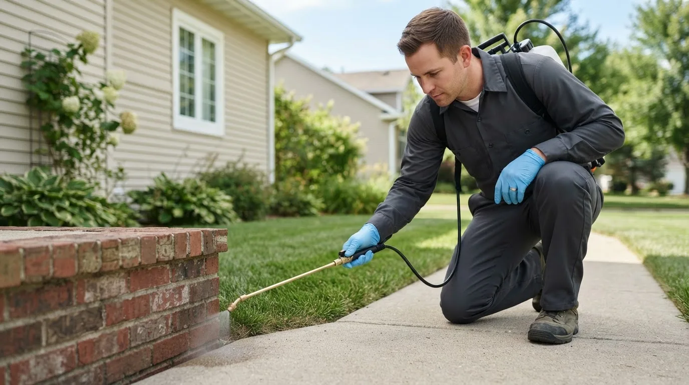 Pest control technician treating a home near Dalzell, IL