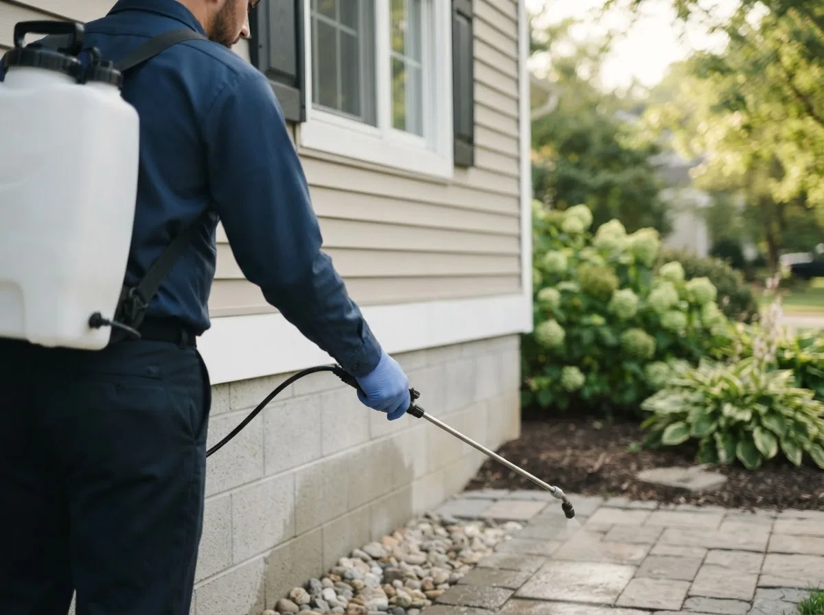 Pest control technician inspecting a home in Dalzell, IL
